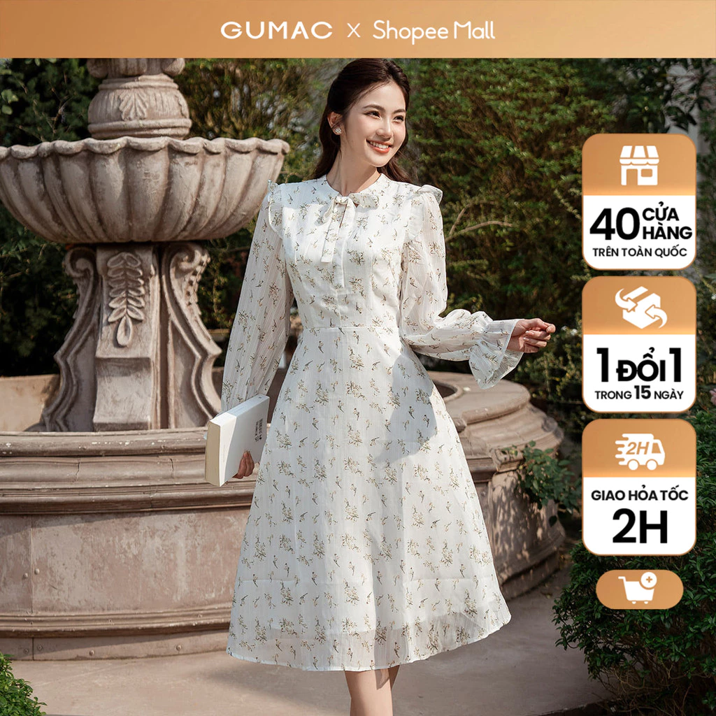 Đầm hoa cổ thắt nơ thời trang GUMAC DE03024