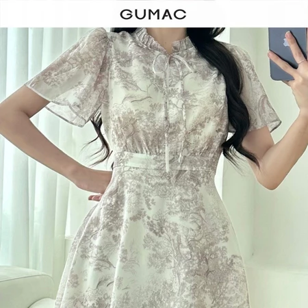 Đầm họa tiết cổ bèo thời trang GUMAC LDE1011