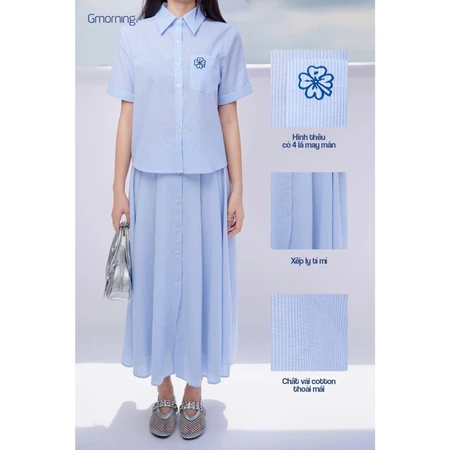 Set lẻ Áo sơ mi thêu cỏ 4 lá thời trang Gmorning - GUMAC YAE10050 - Chân váy xếp ly sọc YVE10084