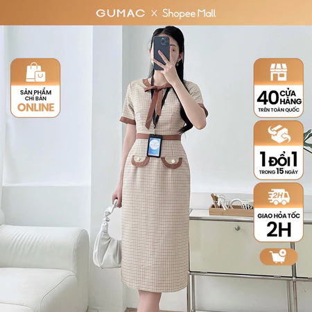 Đầm suông Midi phối vải thời trang GUMAC DE09018