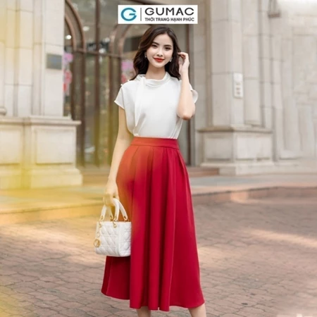 Chân váy nữ dáng A dài thiết kế xếp ly màu đỏ - đen thời trang GUMAC LVE1001